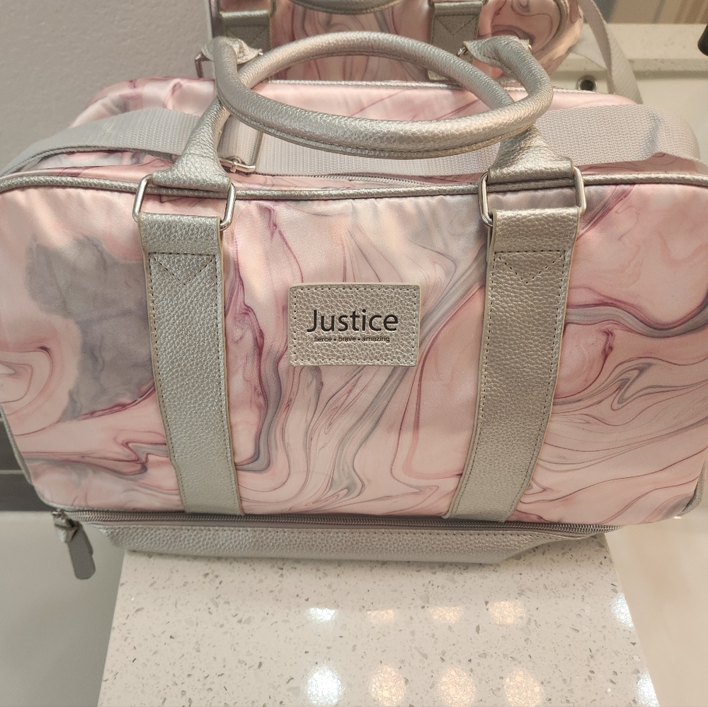 Justice Pink and Gray Marble Weekend Bag